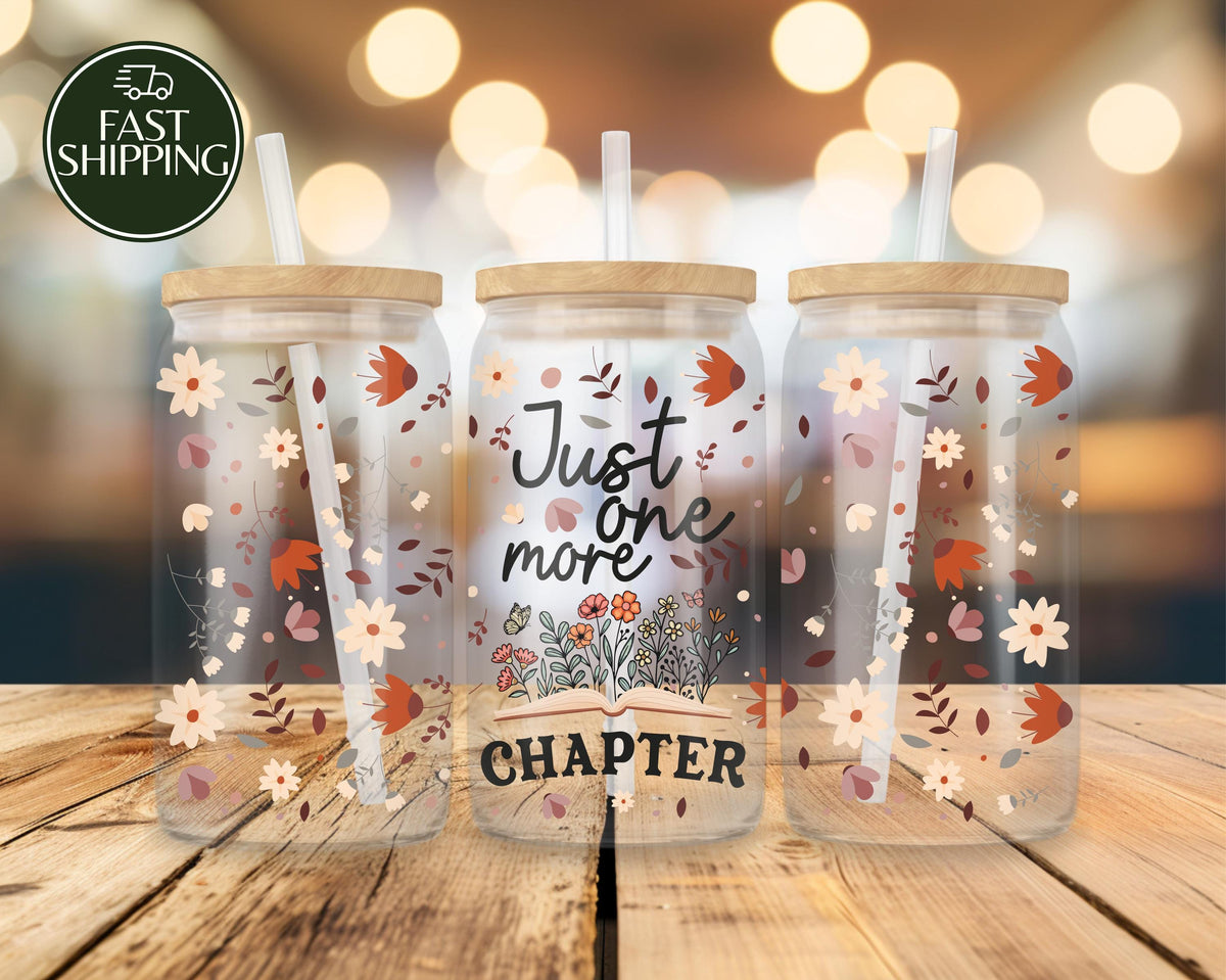 Just One More Chapter Can Glass Tumbler, Wild Floral Book Lovers Iced Coffee Cup