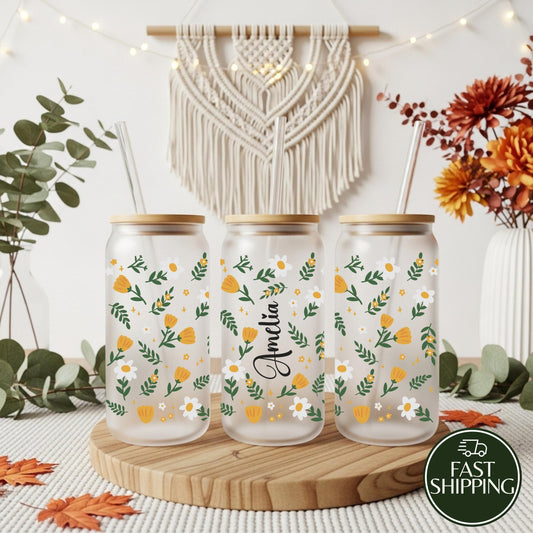 Custom Name Daisy & Tulip Flower Design Can Glass Tumbler