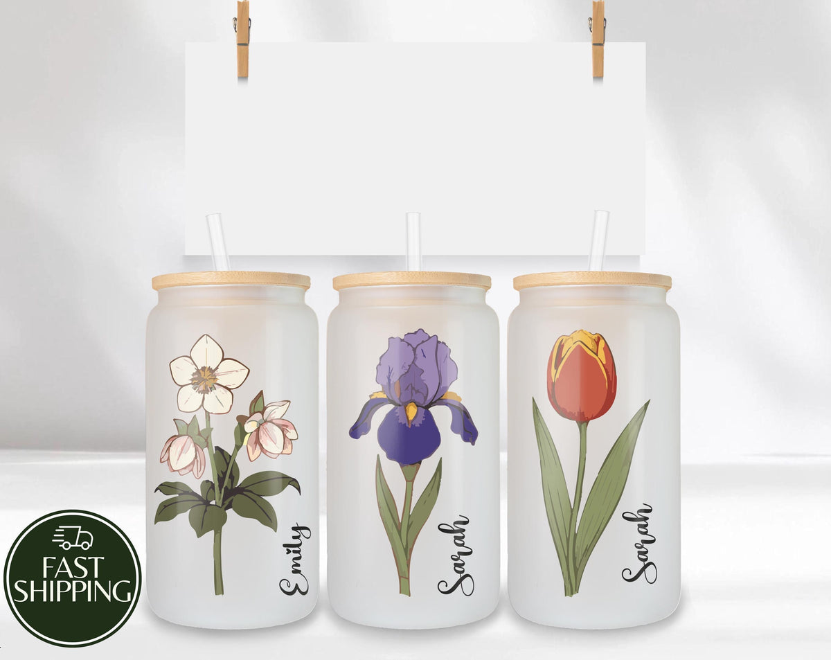 Personalized Vibrant Color Floral Iced Coffee Cup, Birth Month Flower Can Glass Tumbler