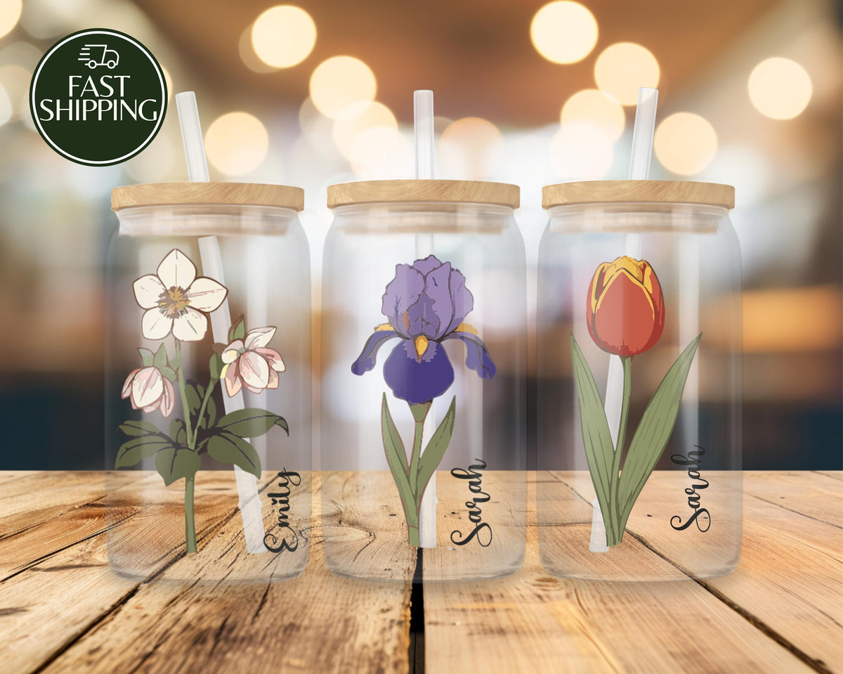 Personalized Vibrant Color Floral Iced Coffee Cup, Birth Month Flower Can Glass Tumbler