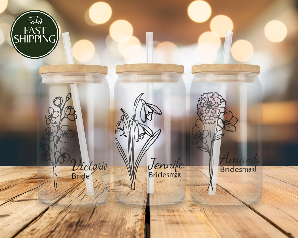 Personalized Line Art Floral Can Glass Tumbler, Bride & Bridesmaid Matching Bridal Shower Cup