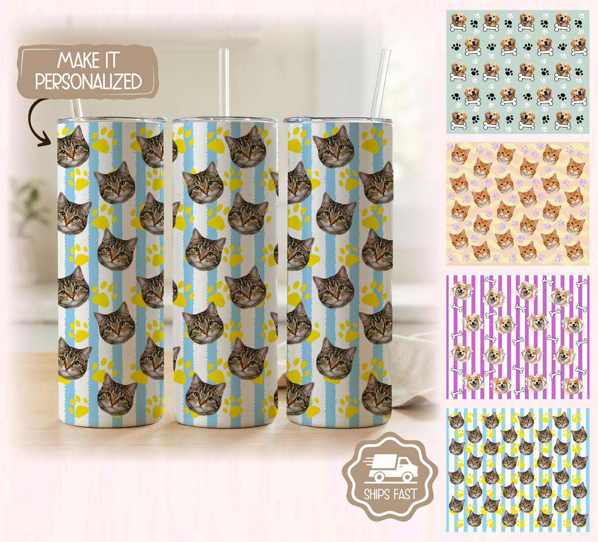 Custom Pet Photo Tumbler, Personalized Dog Cat Cup, Stainless Steel Travel Mug