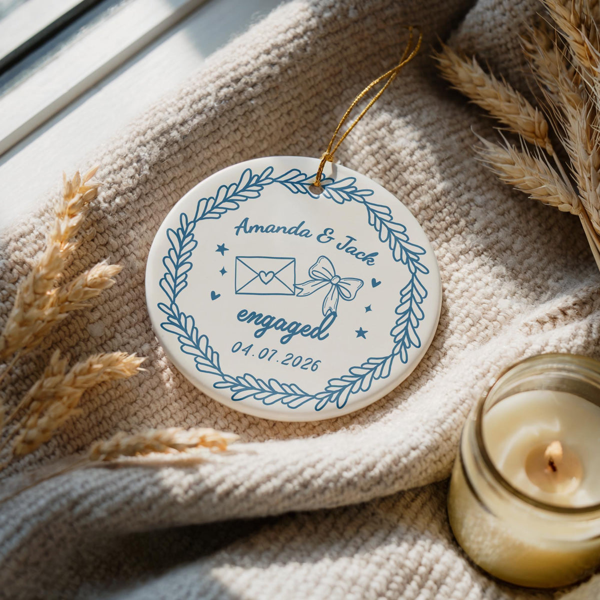 Design Optional Engaged Ceramic Ornament, Personalized Engagement Ceremony Keepsake