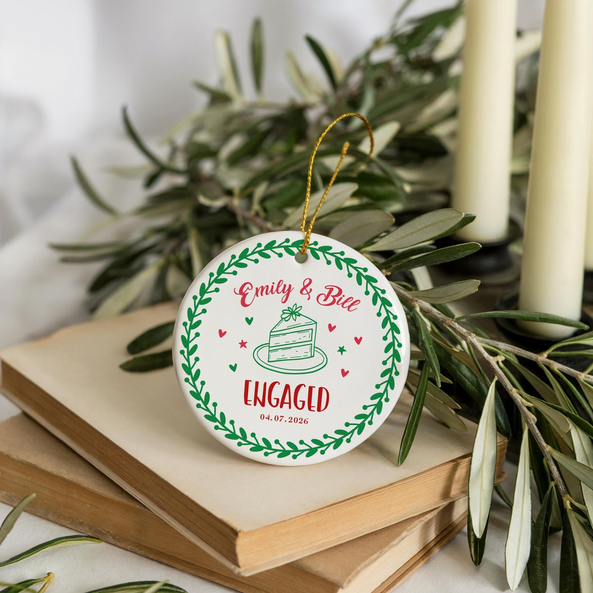 Personalized Aesthetic Engaged Ornament, Design Optional Engagement Date Keepsake