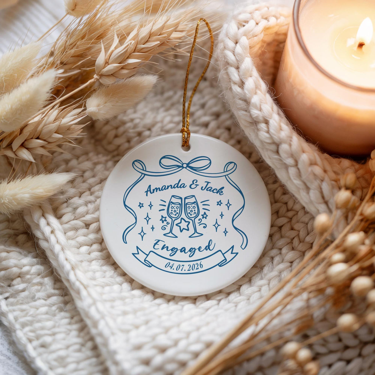 Custom Name & Date Engaged Ceramic Keepsake, Cute Champagne Glass Design Engagement Ornament