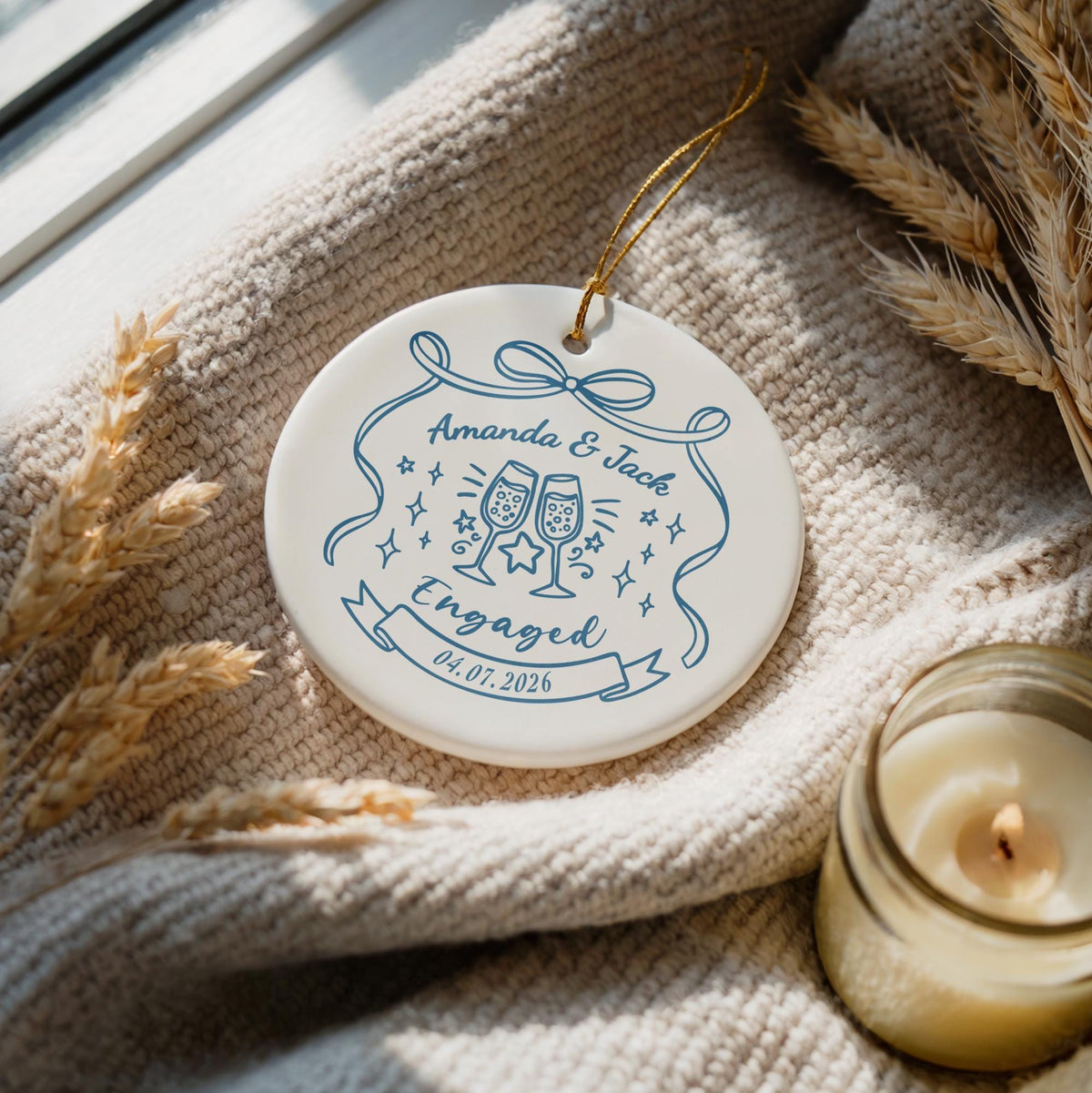 Custom Name & Date Engaged Ceramic Keepsake, Cute Champagne Glass Design Engagement Ornament