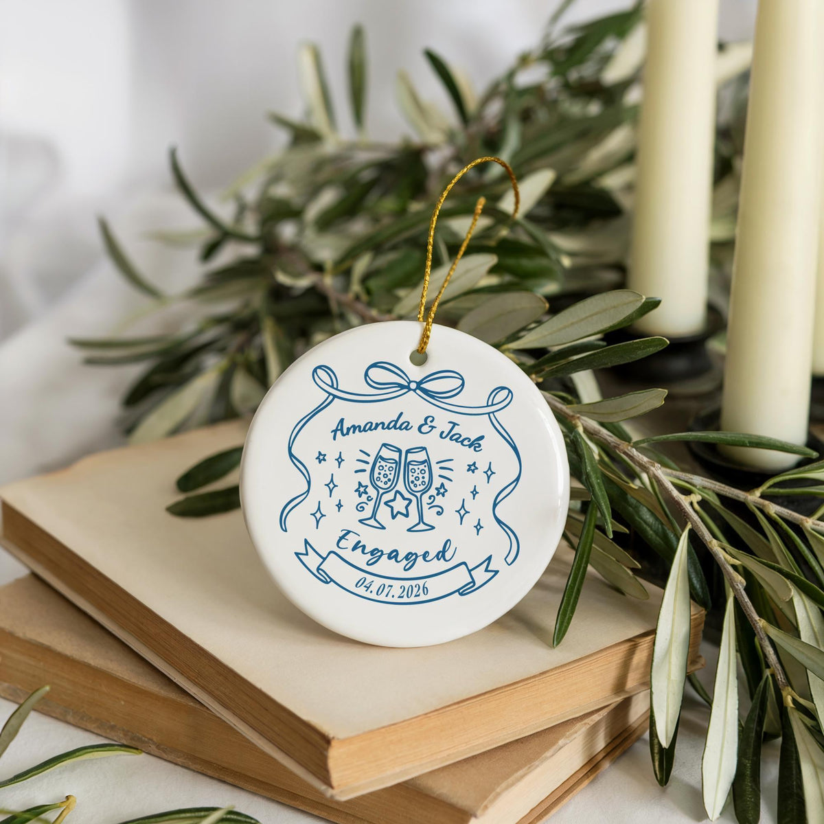 Custom Name & Date Engaged Ceramic Keepsake, Cute Champagne Glass Design Engagement Ornament