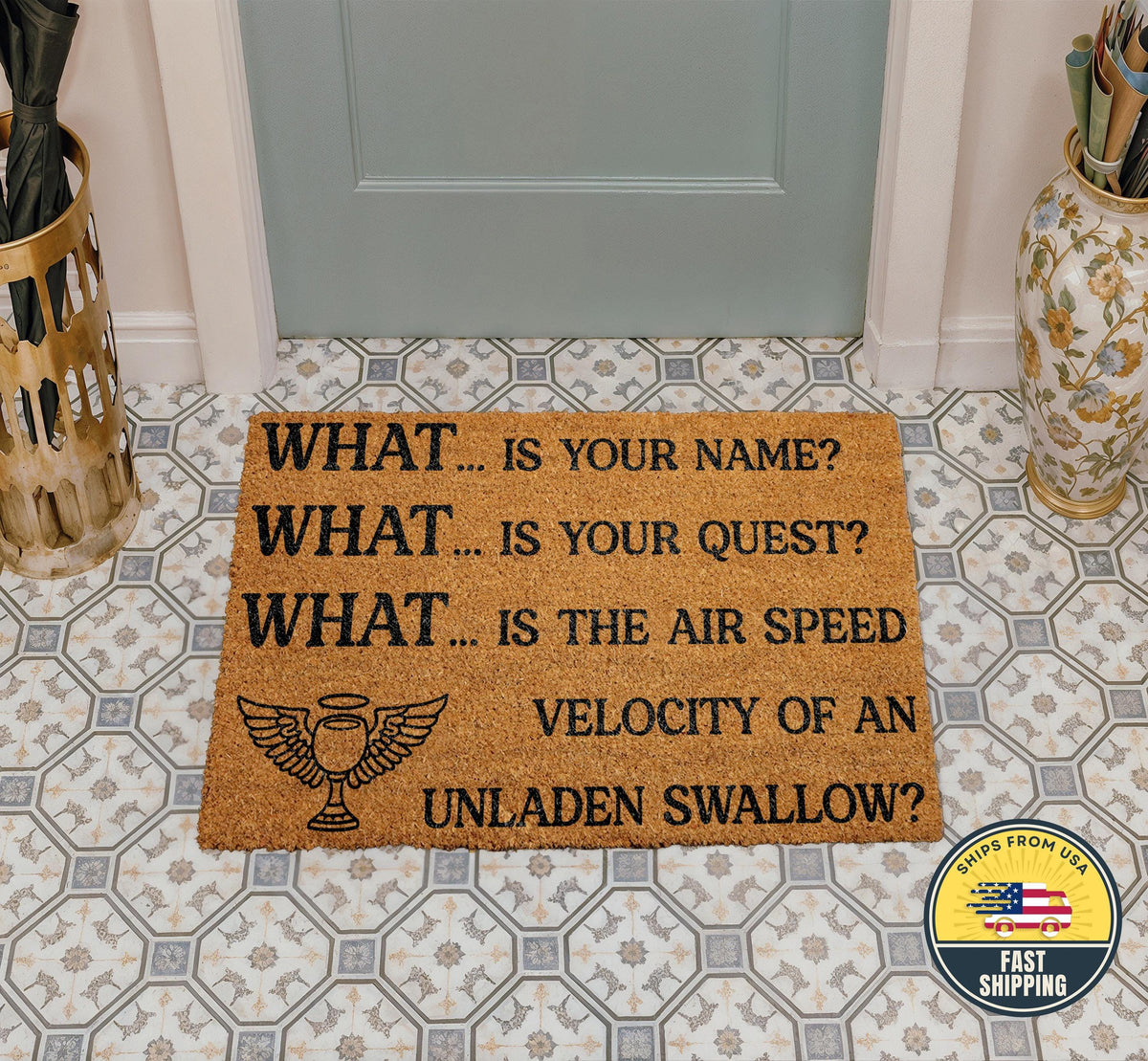 What Is Your Name Funny Welcome Doormat, Monty Python Inspired Mat, Funny Home Decor