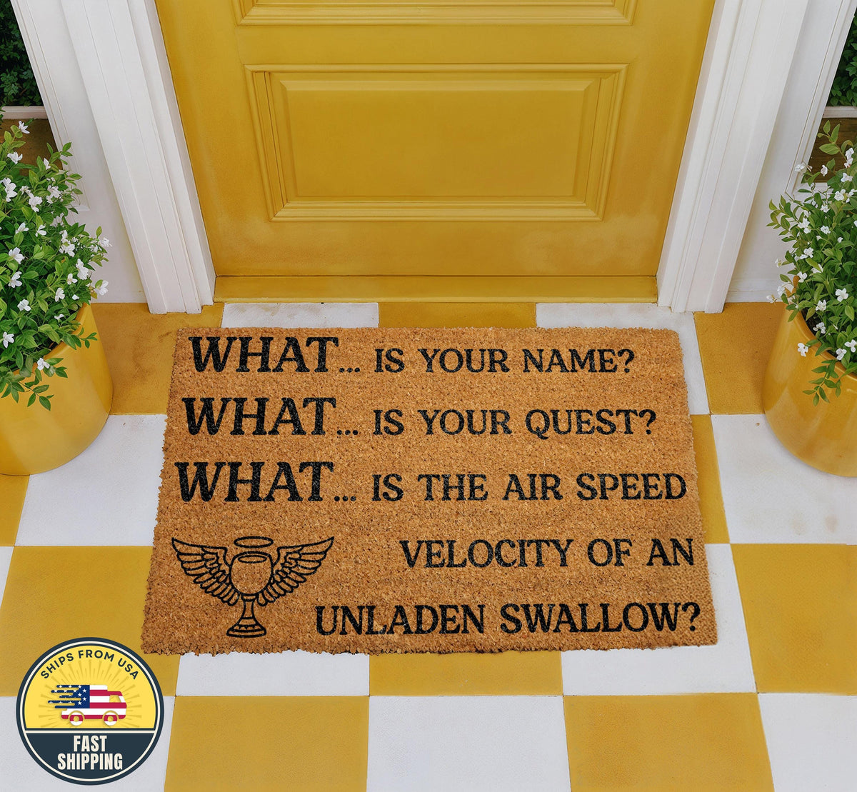 What Is Your Name Funny Welcome Doormat, Monty Python Inspired Mat, Funny Home Decor