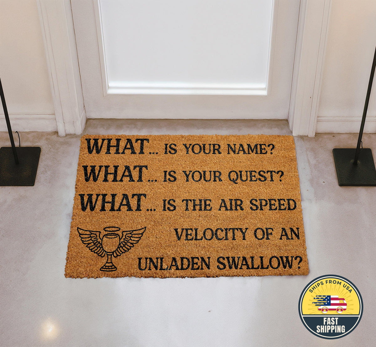What Is Your Name Funny Welcome Doormat, Monty Python Inspired Mat, Funny Home Decor