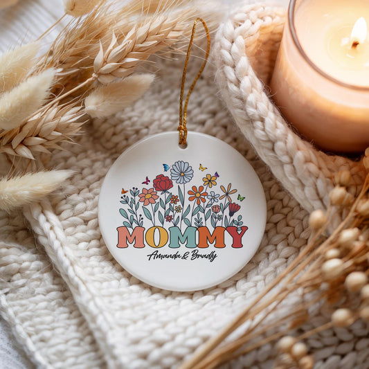 Personalized Mommy Ornament with Kids Names, Groovy Floral Ceramic Keepsake