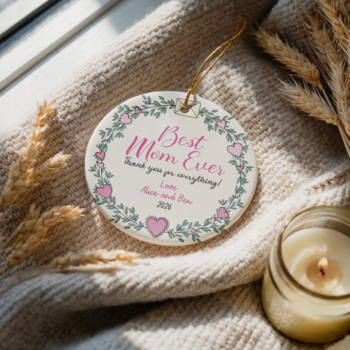 Personalized Best Mom Ever Ceramic Ornament, Floral Wreath With Heart Ceramic Keepsake