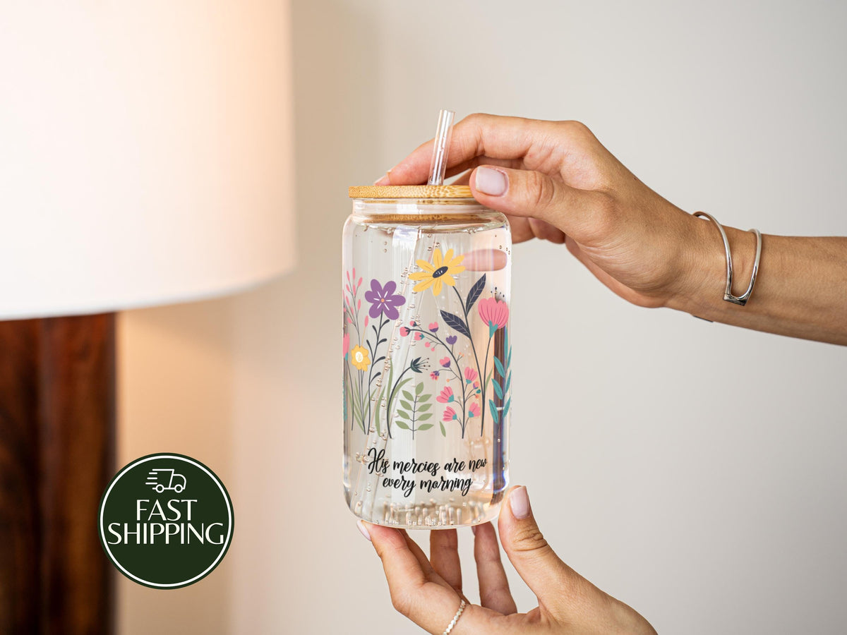 His Mercies Are New Every Morning Bamboo Lid Tumbler, Floral Bible Verse Iced Coffee Cup