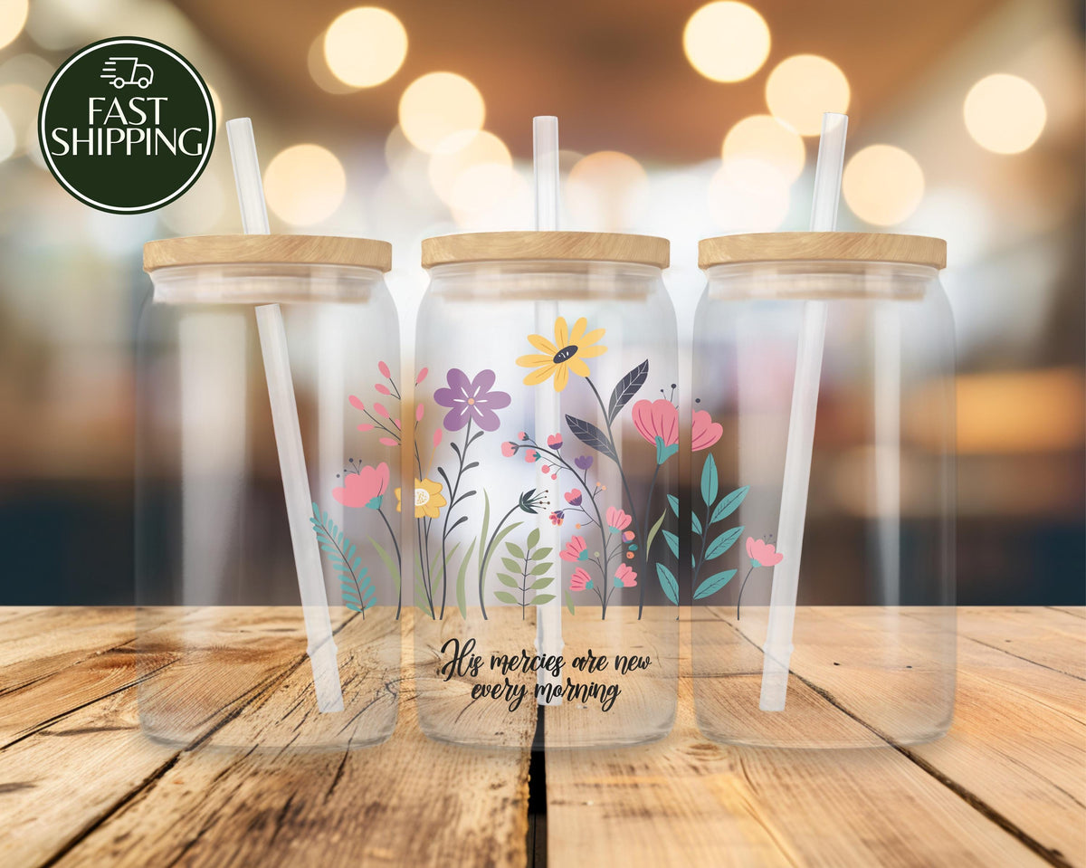 His Mercies Are New Every Morning Bamboo Lid Tumbler, Floral Bible Verse Iced Coffee Cup