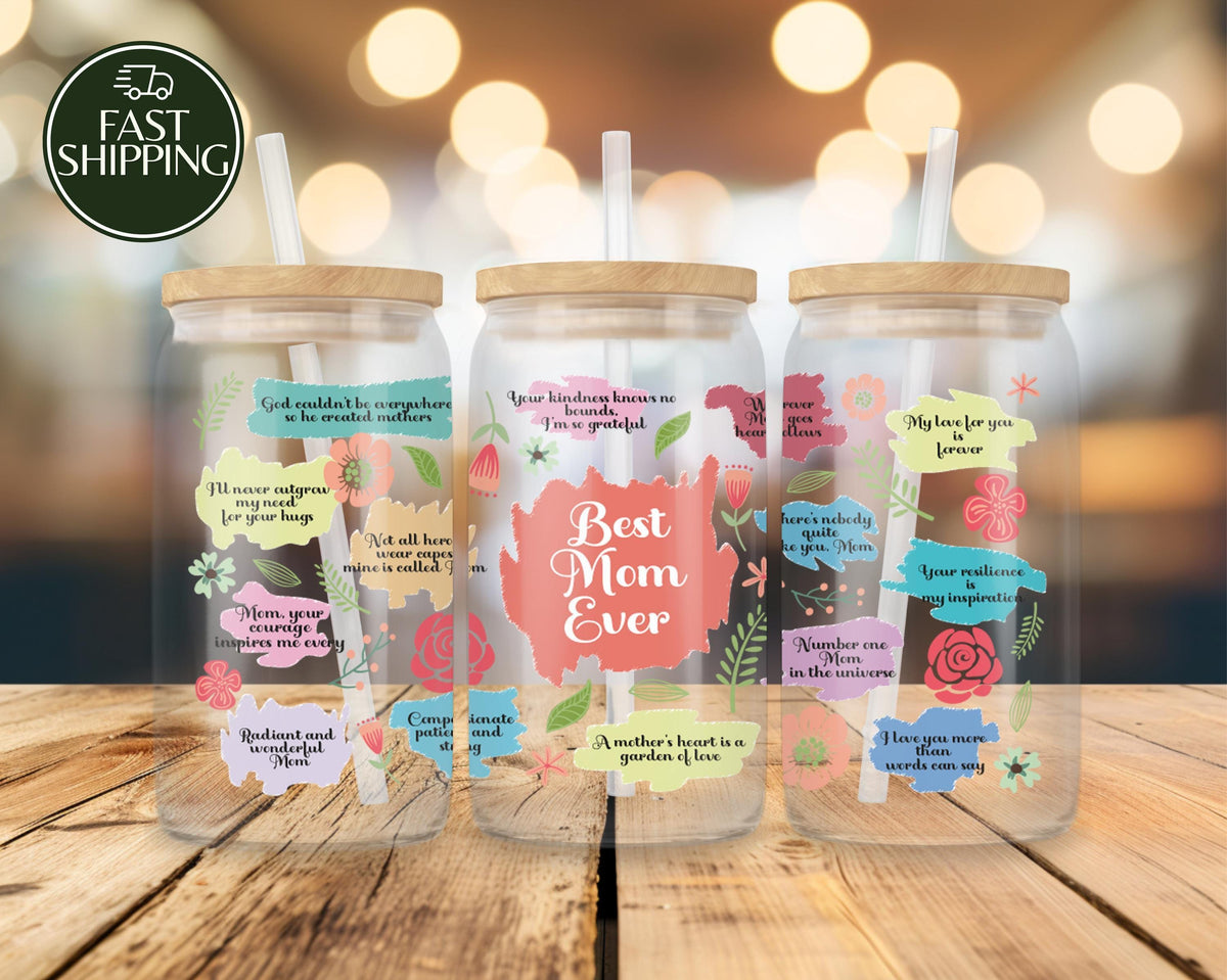 Best Mom Ever Can Glass Tumbler, Motherhood Cup With Bamboo Lid and Straw
