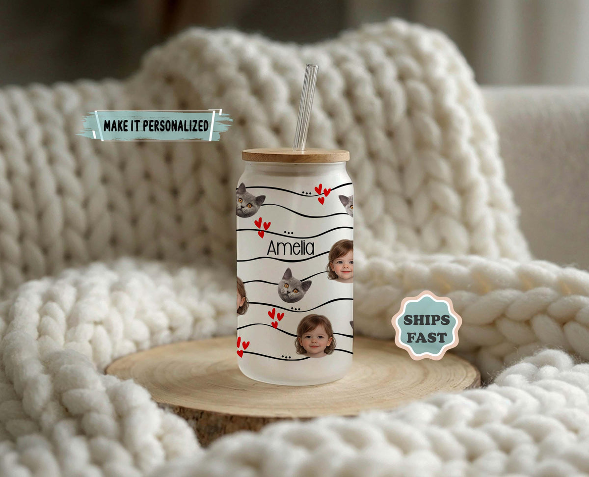 Custom Photo Glass Can, Personalized Dog Cat Picture Cup, Bamboo Lid Iced Coffee Tumbler Gift