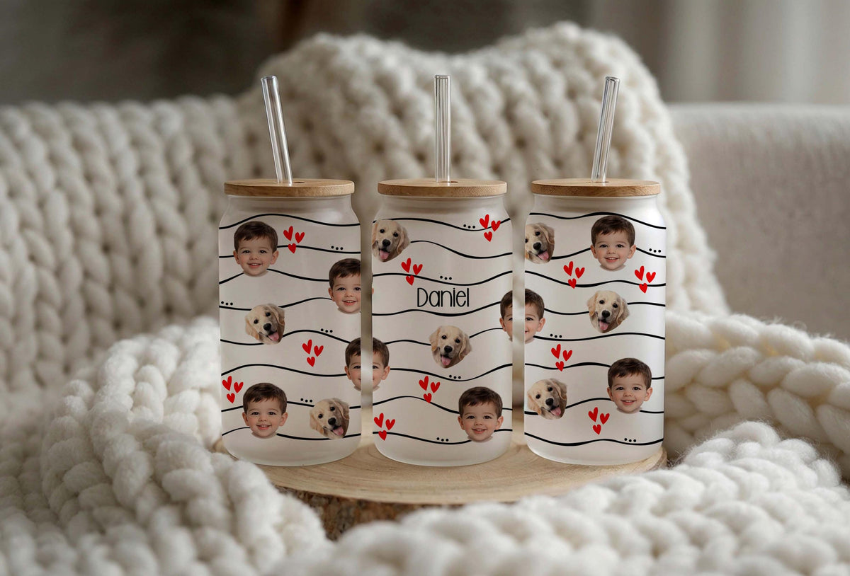 Custom Photo Glass Can, Personalized Dog Cat Picture Cup, Bamboo Lid Iced Coffee Tumbler Gift