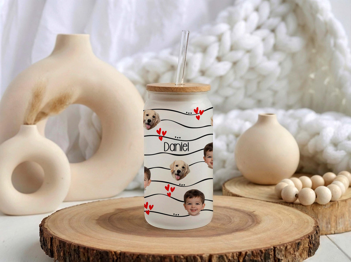 Custom Photo Glass Can, Personalized Dog Cat Picture Cup, Bamboo Lid Iced Coffee Tumbler Gift