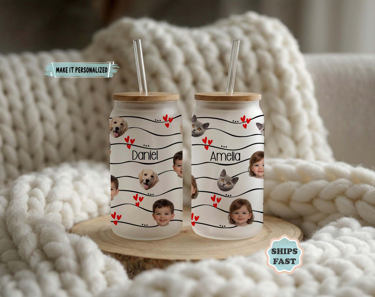 Custom Photo Glass Can, Personalized Dog Cat Picture Cup, Bamboo Lid Iced Coffee Tumbler Gift