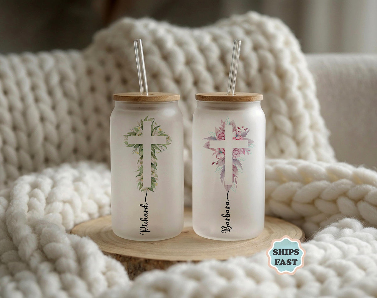 Floral Cross Glass Can, Personalized Iced Coffee Cup with Bamboo Lid, Christian Gift