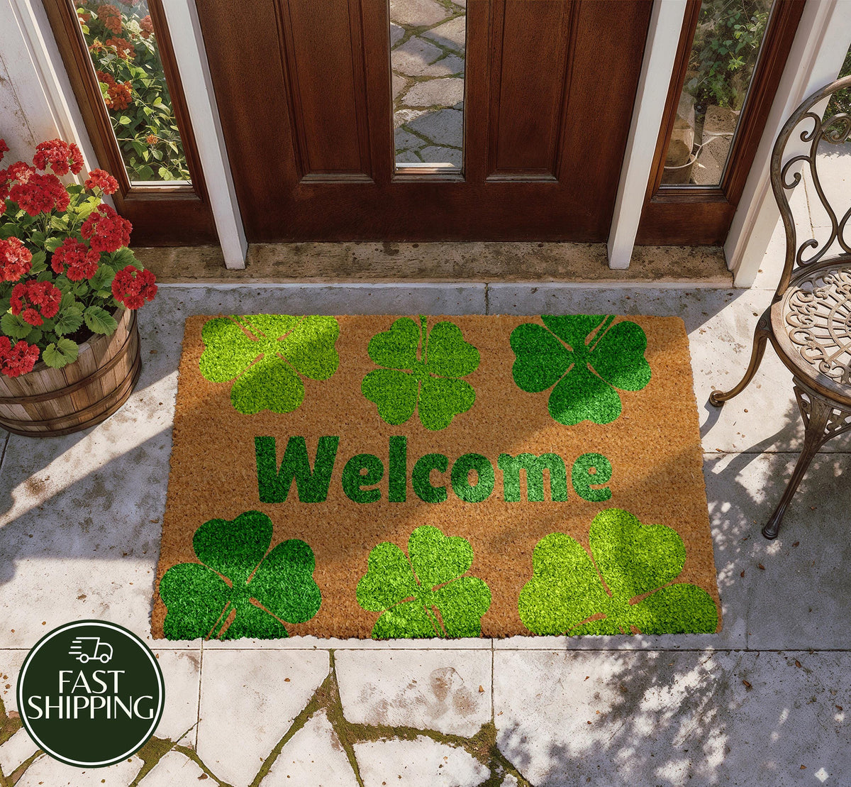 St Patricks Day Doormat, Shamrock Themed Welcome Mat, Lucky Clover Front Door Mat