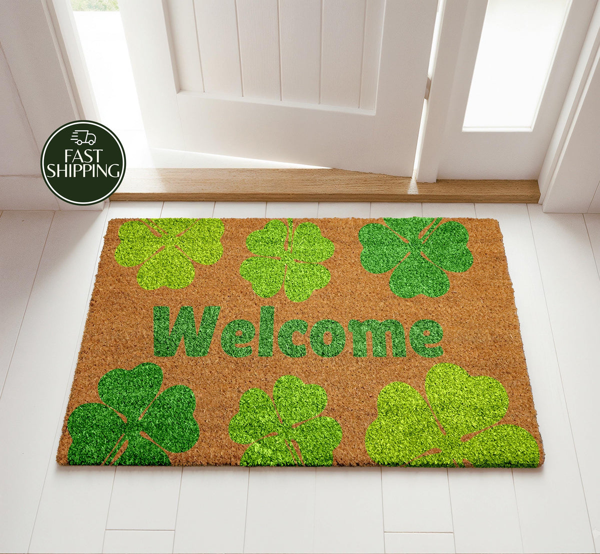 St Patricks Day Doormat, Shamrock Themed Welcome Mat, Lucky Clover Front Door Mat