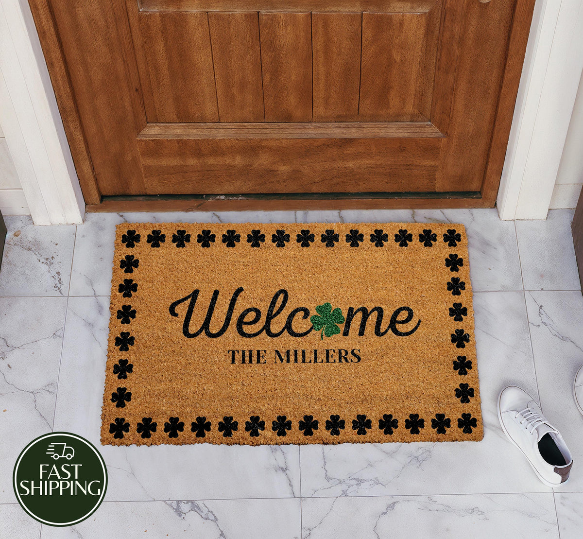 Personalized Shamrock Frame Doormat, Lucky Clover Family Name Welcome Mat
