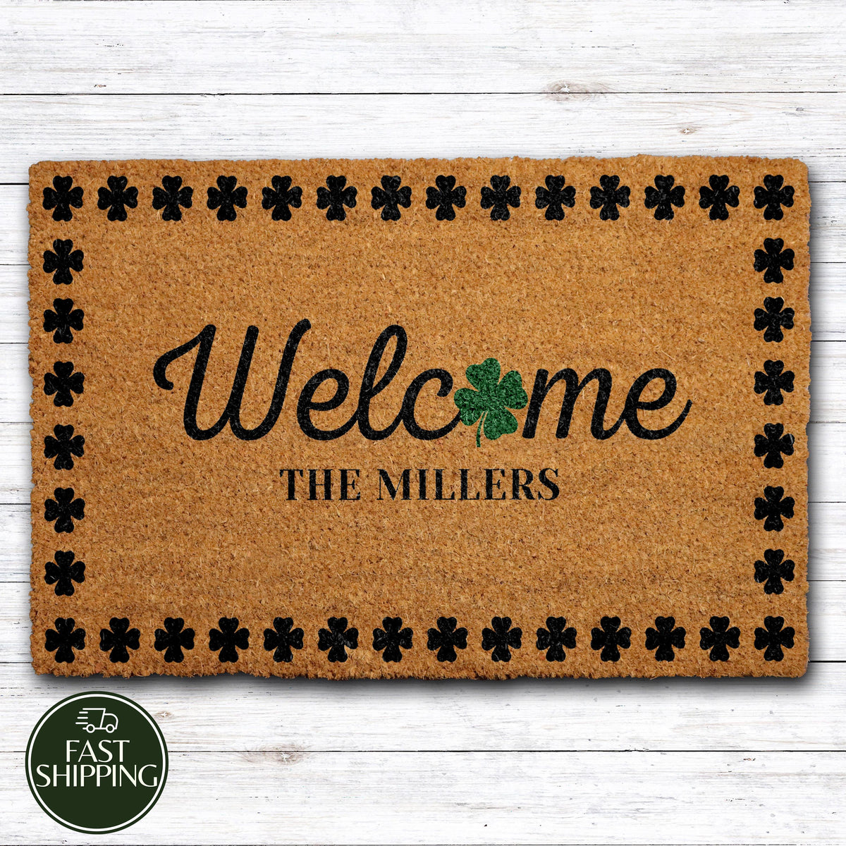 Personalized Shamrock Frame Doormat, Lucky Clover Family Name Welcome Mat