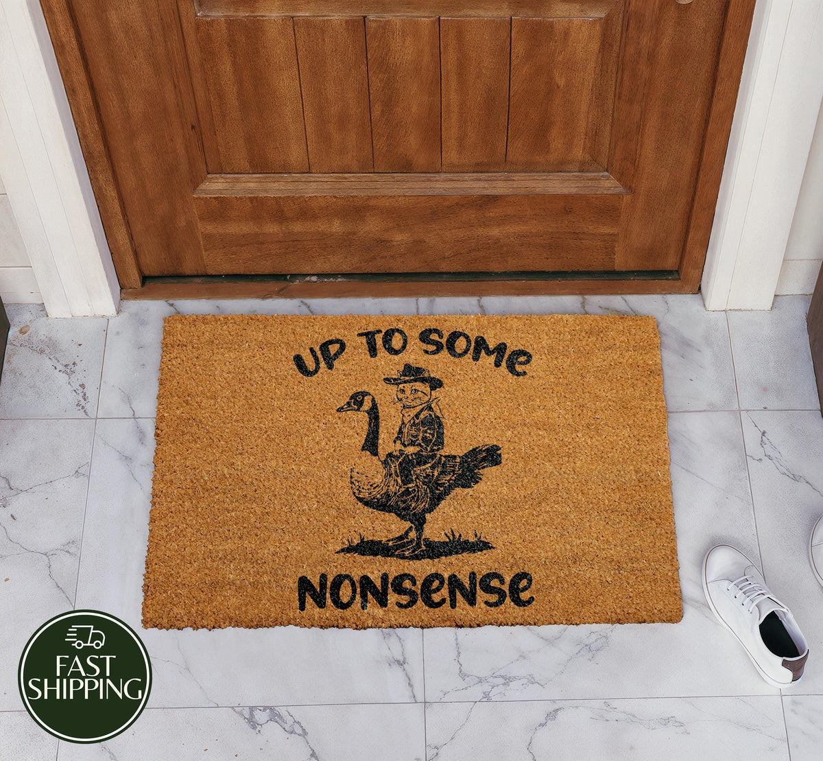 Up To Some Nonsense Welcome Mat, Funny Cowboy Cat Riding Goose Doormat
