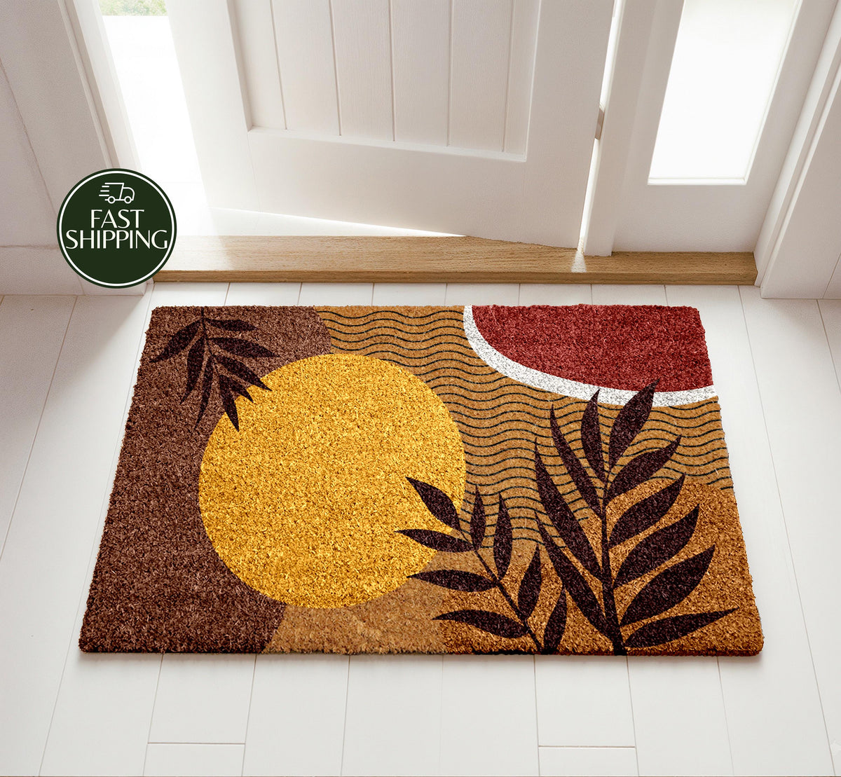 Abstract Sun Design Coir Doormat, Geometric Minimalist Welcome Mat