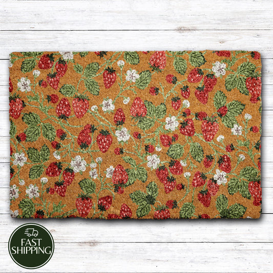 Strawberry Blossom Pattern Doormat, Cute Garden Entrance Mat, Summer Vibes Welcome Mat