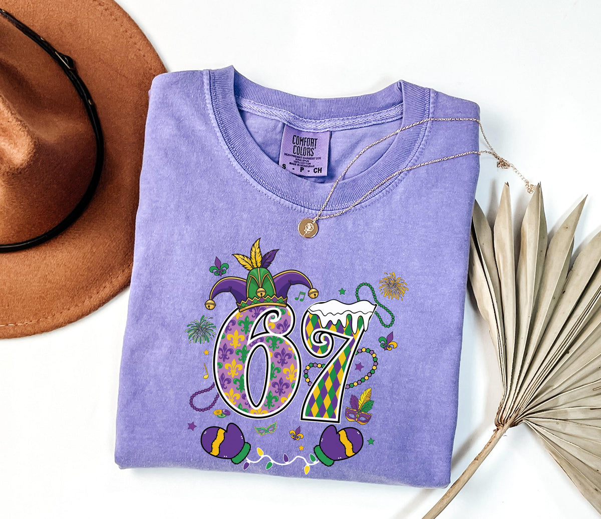 6 7 Mardi Gras Comfort Colors® Shirt, New Orleans T-Shirt, Funny Mardi Gras Carnival Shirt, Six Seven Purple Green Gold Festival Tee