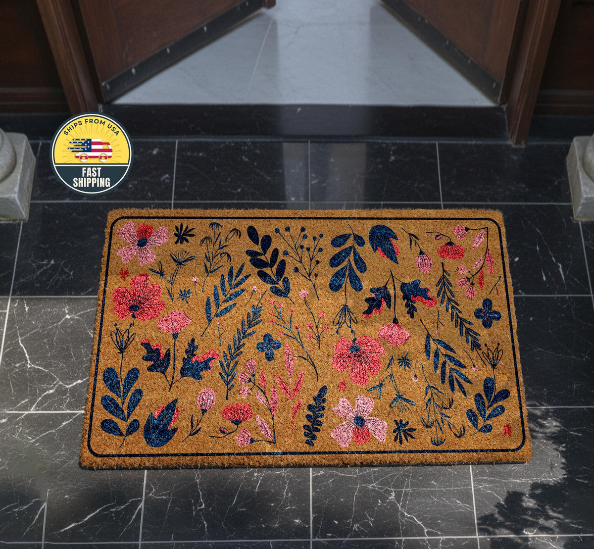 Wildflowers Welcome Mat, Natural Coir Floral Mat, Boho Floral Welcome Mat