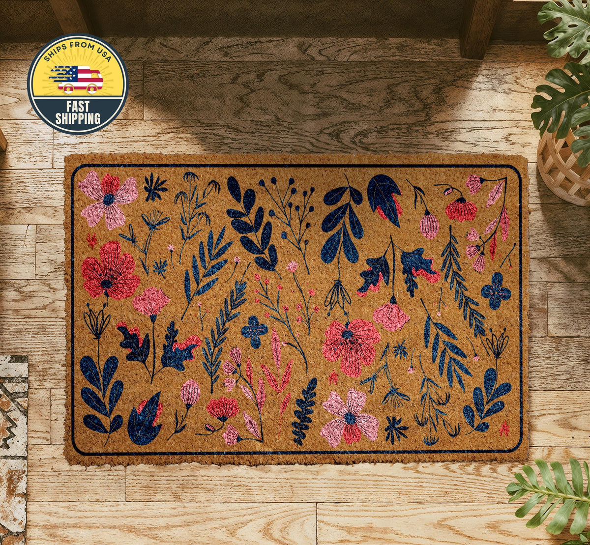 Wildflowers Welcome Mat, Natural Coir Floral Mat, Boho Floral Welcome Mat