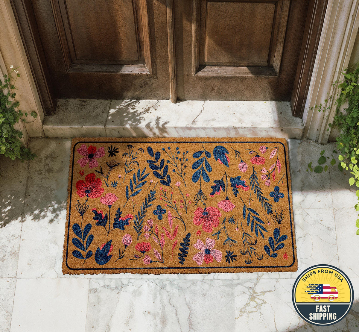 Wildflowers Welcome Mat, Natural Coir Floral Mat, Boho Floral Welcome Mat