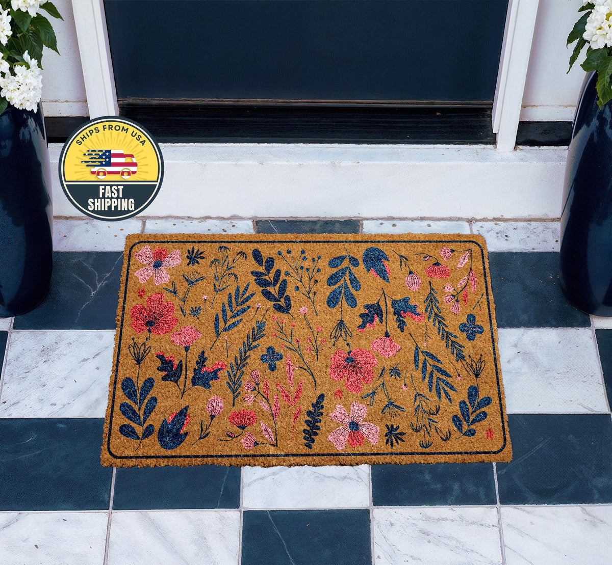 Wildflowers Welcome Mat, Natural Coir Floral Mat, Boho Floral Welcome Mat