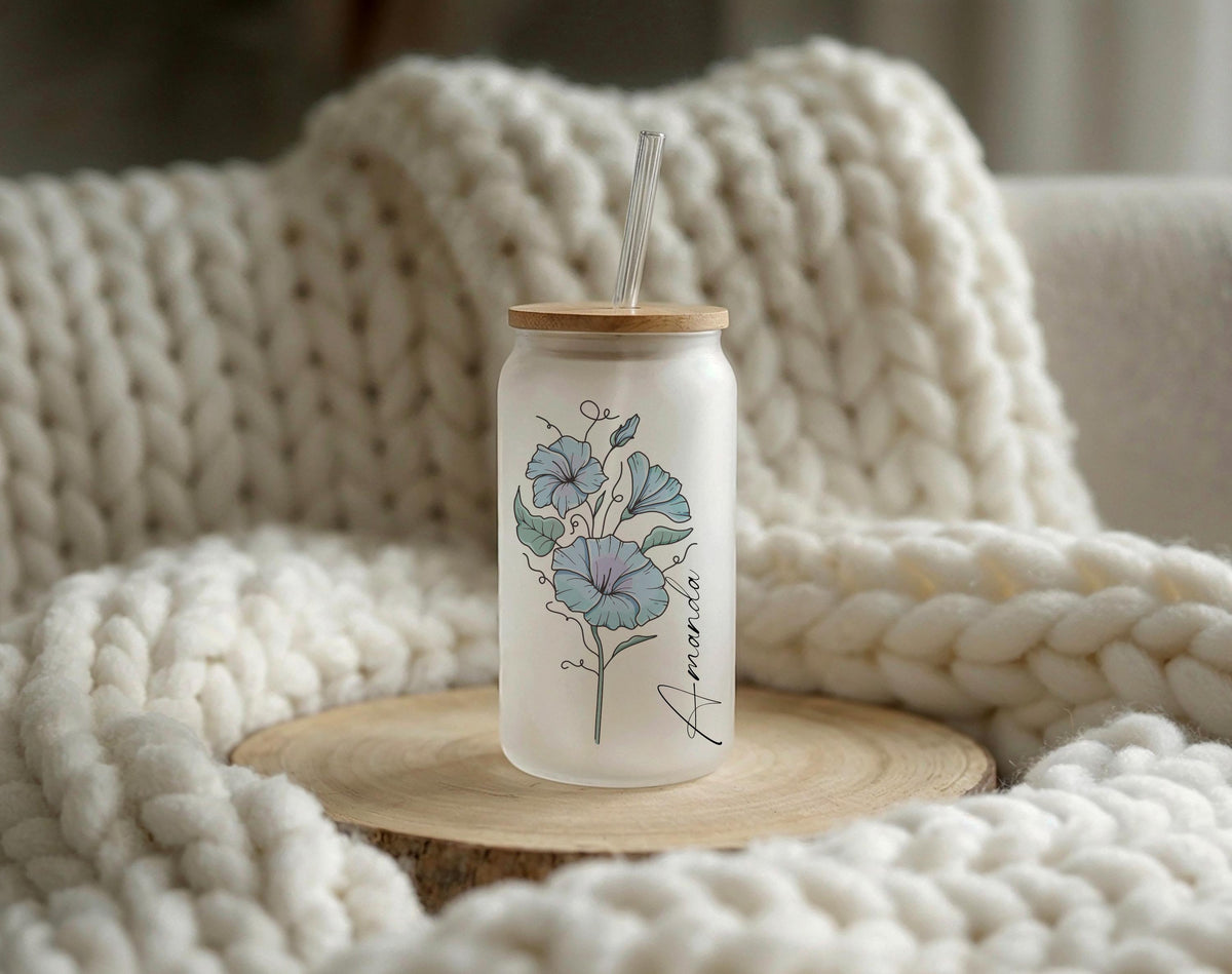 Personalized Flower Glass Tumbler, Custom Name Can Glass Cup, Floral Iced Coffee Tumbler