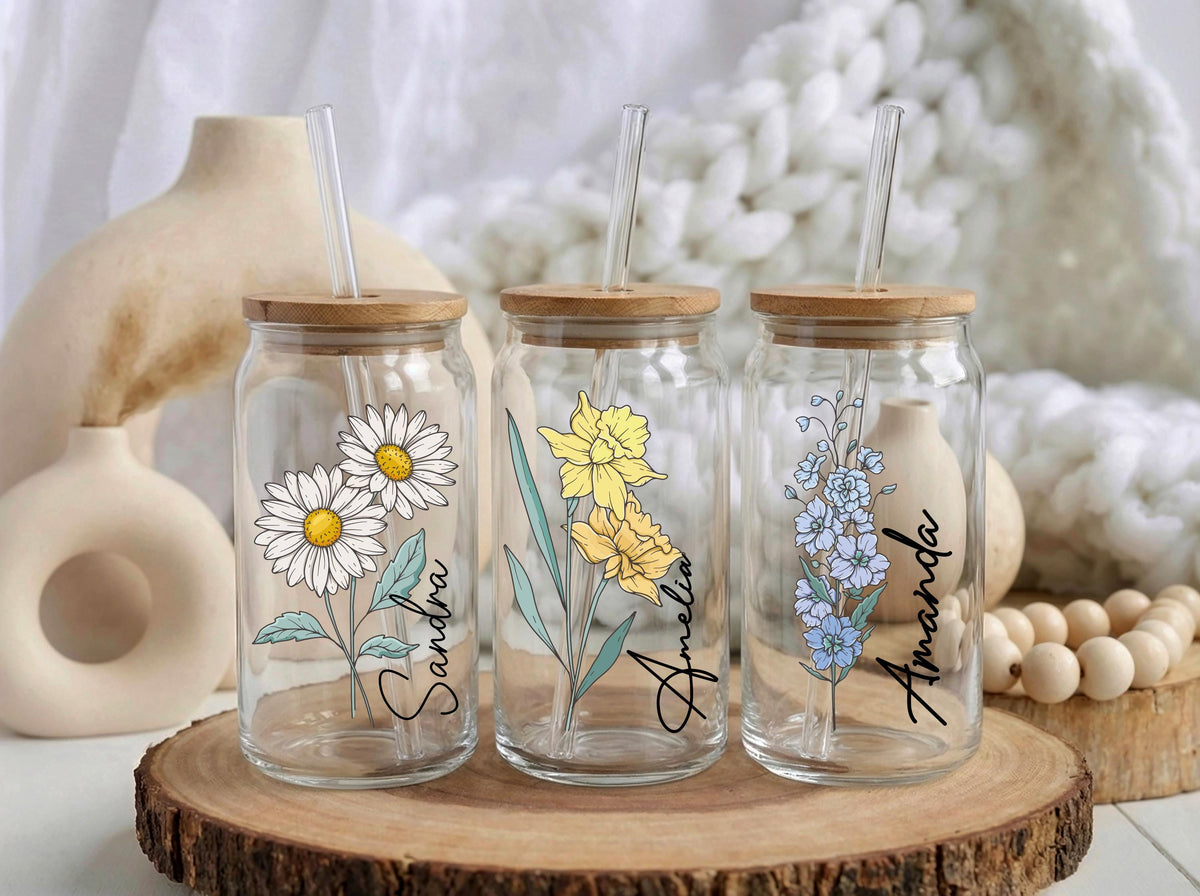 Personalized Flower Glass Tumbler, Custom Name Can Glass Cup, Floral Iced Coffee Tumbler