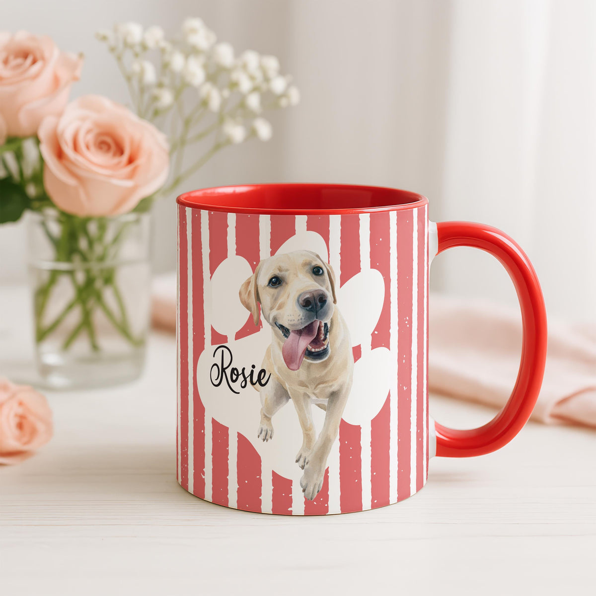 Personalized Pet Photo Mug with Name, Custom Cat - Dog Portrait Cup, Striped Designs Pets Mugs, Memorial Present Cups, Dogs Cats Mom Gift