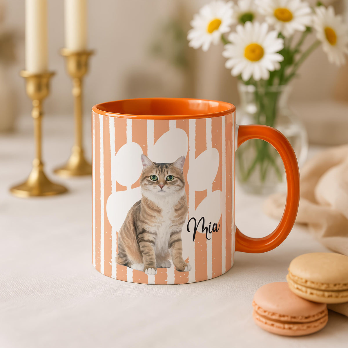 Personalized Pet Photo Mug with Name, Custom Cat - Dog Portrait Cup, Striped Designs Pets Mugs, Memorial Present Cups, Dogs Cats Mom Gift