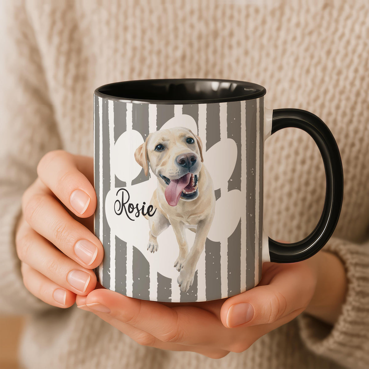 Personalized Pet Photo Mug with Name, Custom Cat - Dog Portrait Cup, Striped Designs Pets Mugs, Memorial Present Cups, Dogs Cats Mom Gift