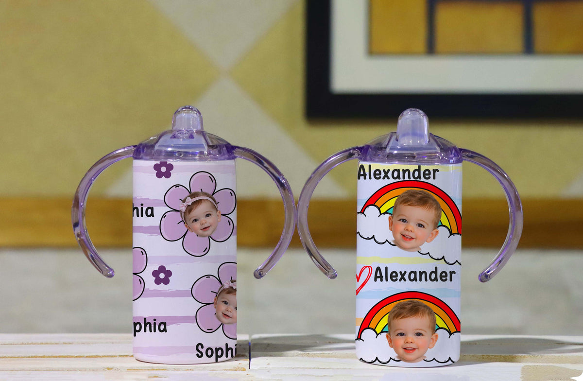 Personalized Baby Tumbler, Photo & Name, Rainbow Flower Design