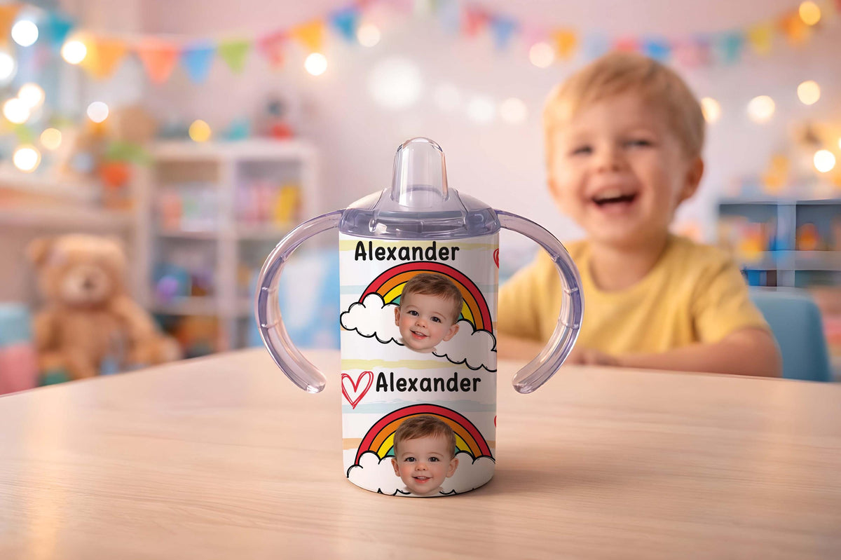 Personalized Baby Tumbler, Photo & Name, Rainbow Flower Design