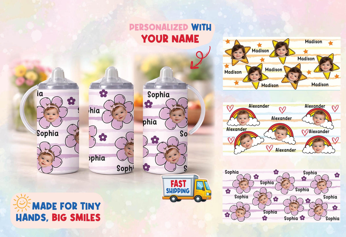 Personalized Baby Tumbler, Photo & Name, Rainbow Flower Design