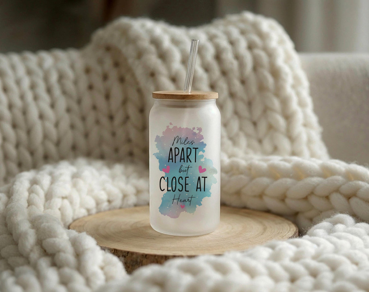 Personalized State Map Glass Mug, Custom Miles Apart Can Glass, Long Distance Friendship Gift