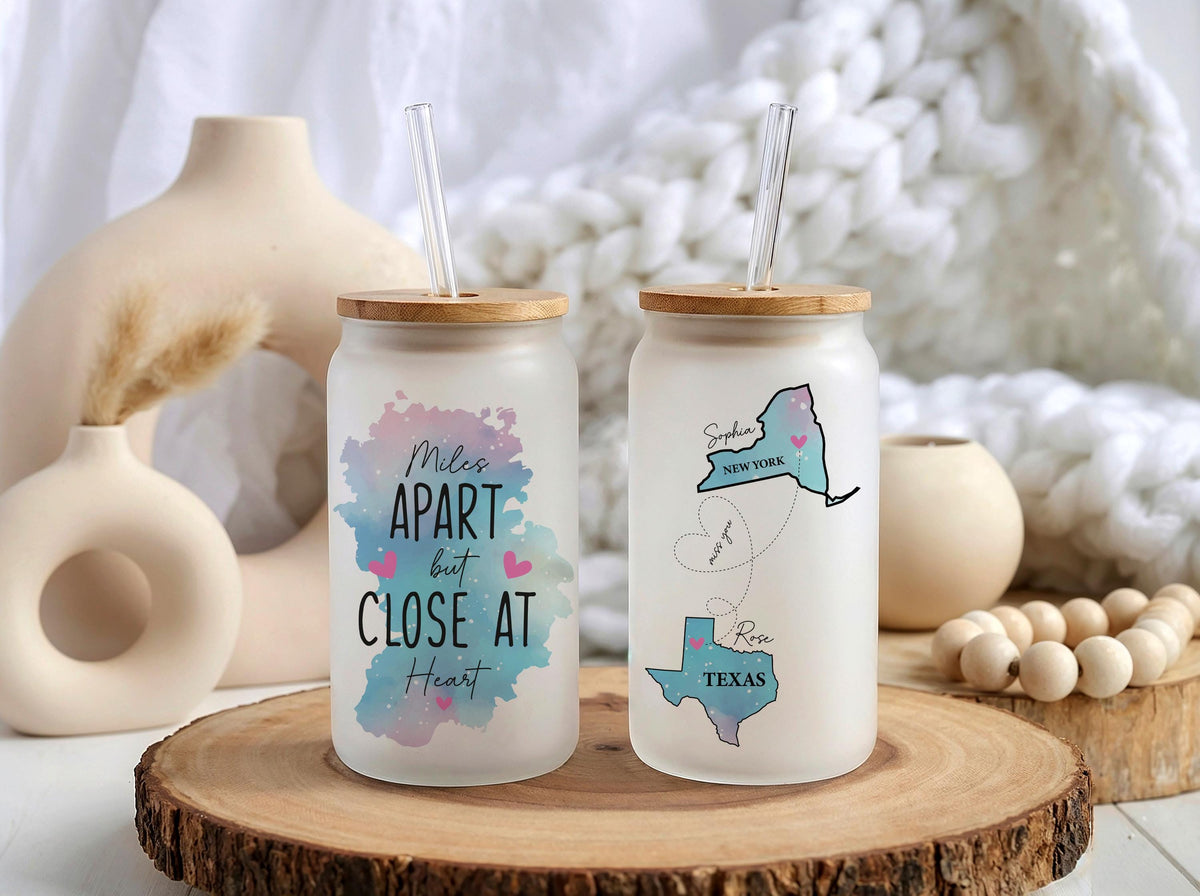 Personalized State Map Glass Mug, Custom Miles Apart Can Glass, Long Distance Friendship Gift