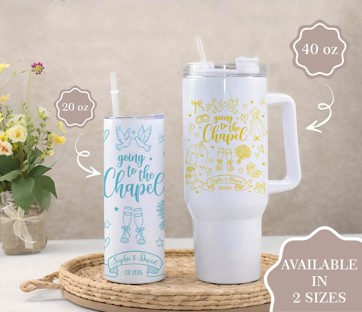 Going To The Chapel Tumbler, Personalized Wedding Drinkware, Custom Bride and Groom Gift