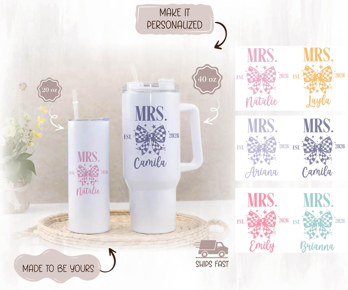 Custom Mrs Tumbler, Personalized Bride Drinkware, Wedding Anniversary Water Cup