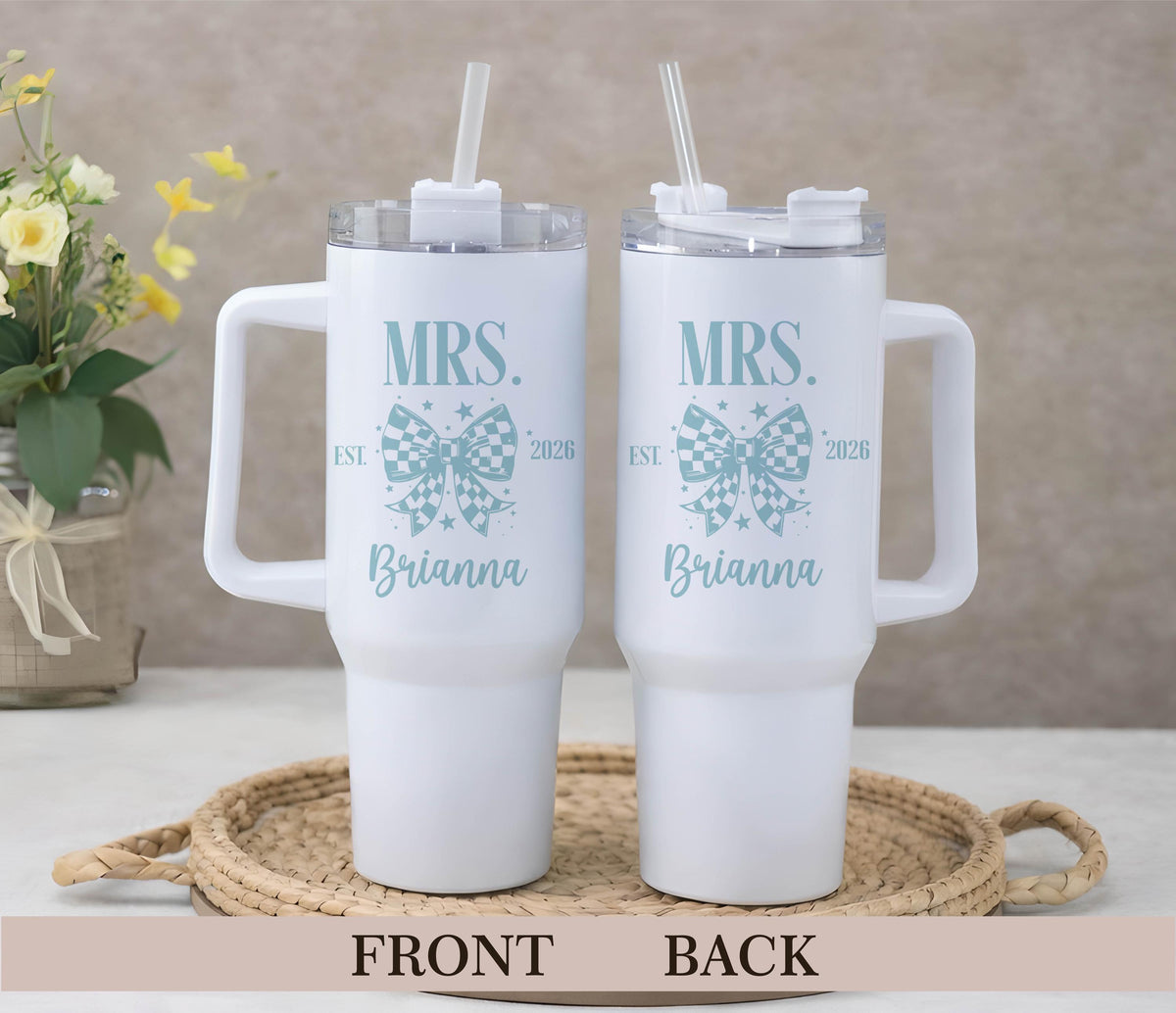 Custom Mrs Tumbler, Personalized Bride Drinkware, Wedding Anniversary Water Cup