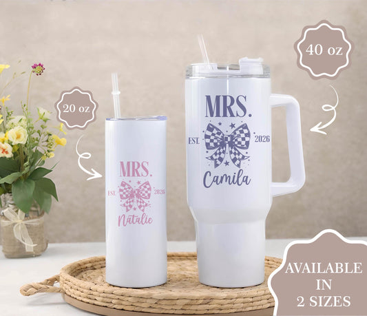 Custom Mrs Tumbler, Personalized Bride Drinkware, Wedding Anniversary Water Cup